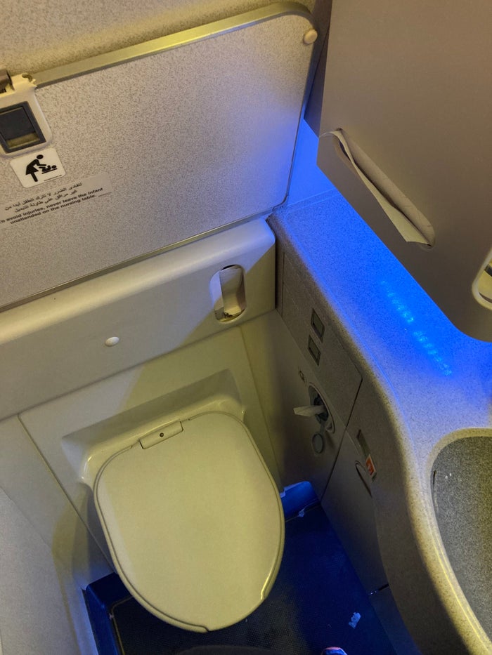 Qatar Airways 777 DOH DFW economy bathroom Qatar Airways 777 DOH DFW economy bathroom