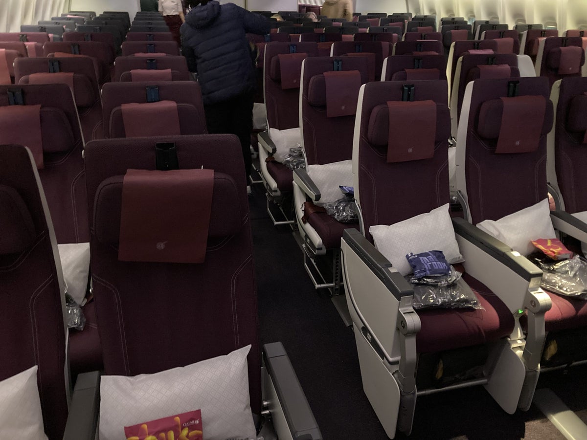 Qatar Airways 777 DOH DFW economy cabin