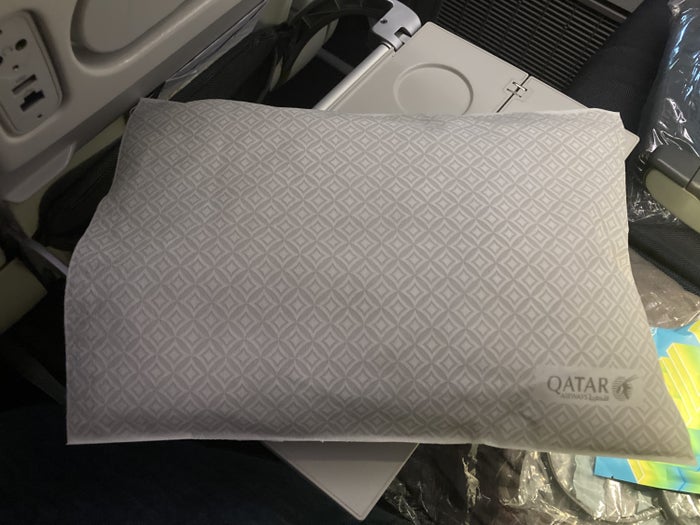 Qatar Airways 777 DOH DFW economy pillow Qatar Airways 777 DOH DFW economy pillow