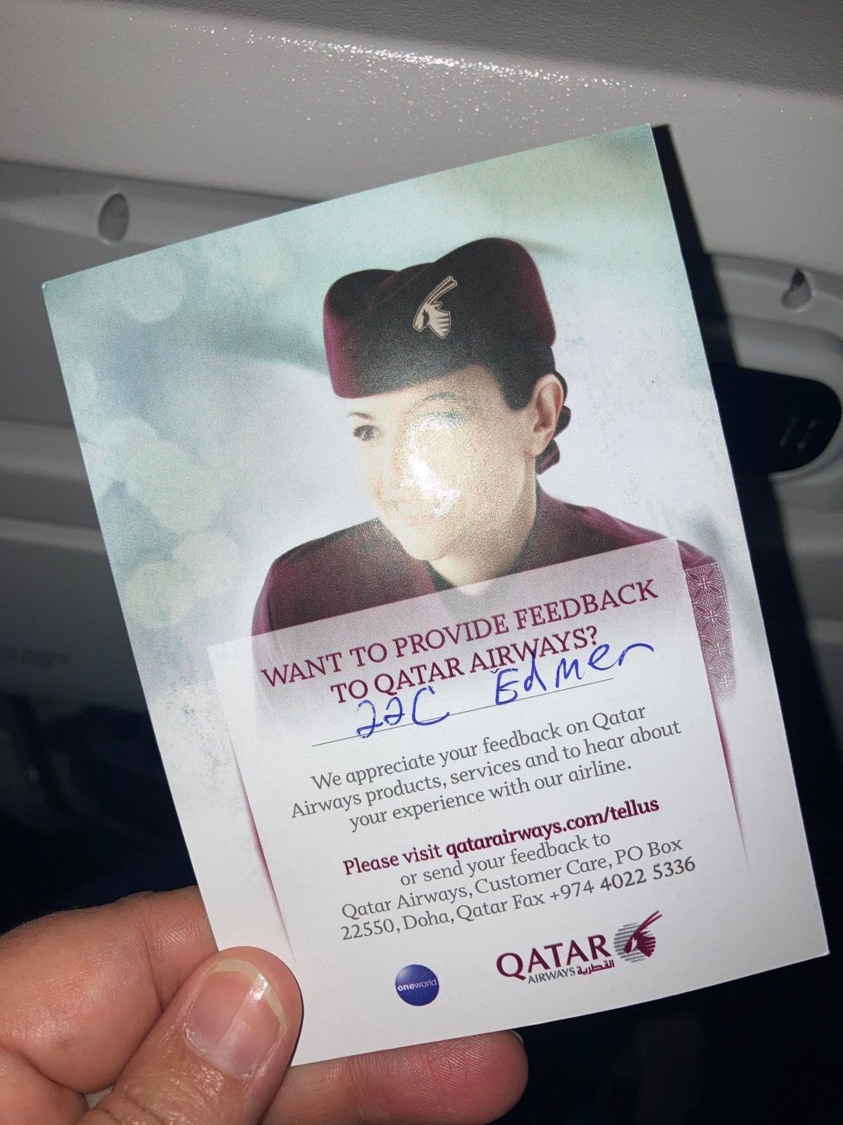 Qatar Airways 777 DOH DFW economy service card