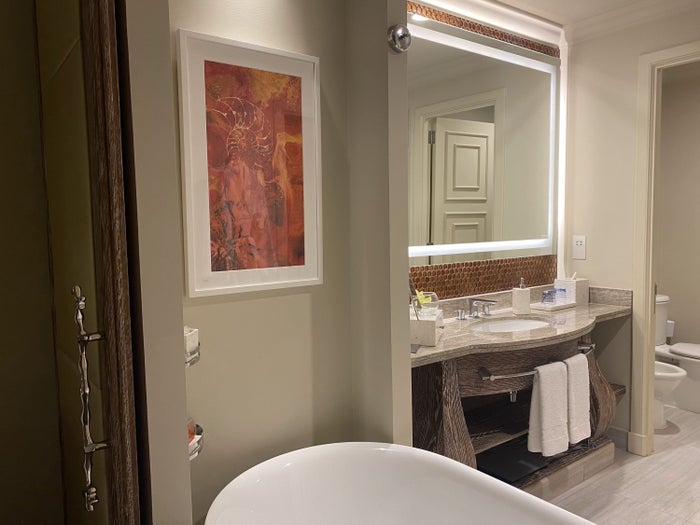 The bathroom sink and tub The bathroom sink and tub