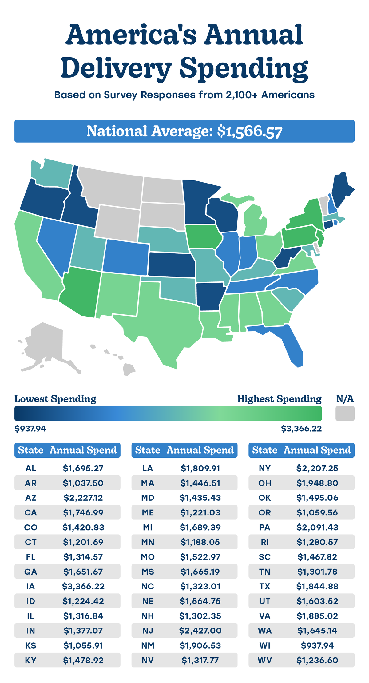 Map displaying how much each state spends on delivery annually
