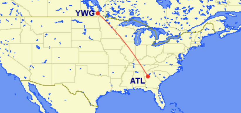 WestJet route from Winnipeg to Atlanta