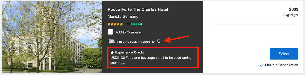 Amex Fine Hotels and Resorts 100 experience credit