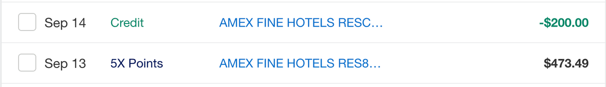 Amex Fine Hotels and Resorts 200 credit