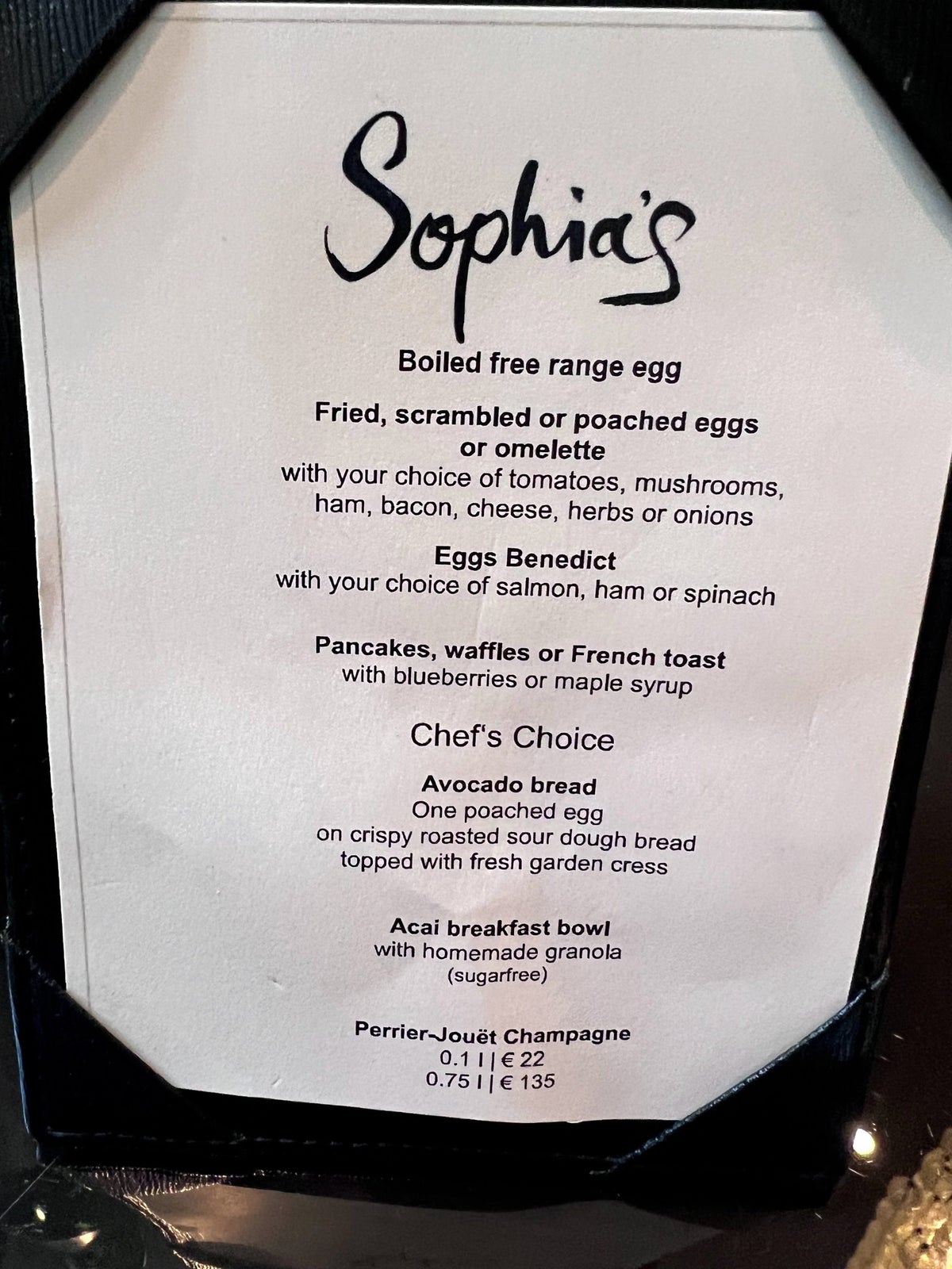 Breakfast menu at Sophias Restaurant The Charles Hotel Munich