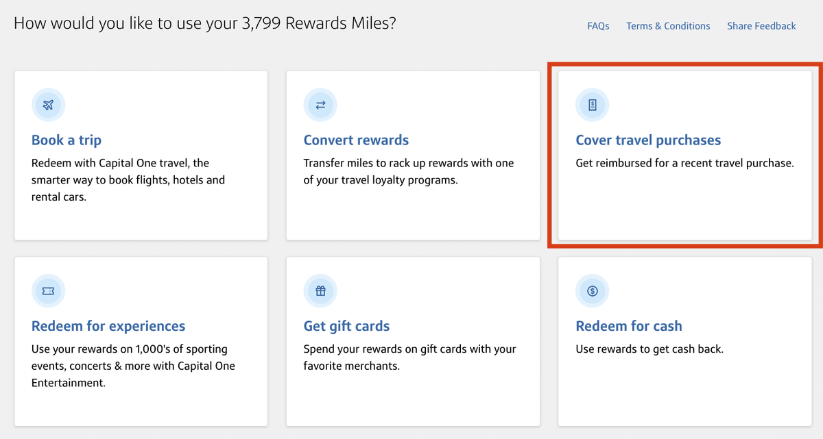 Screenshot of all the ways you can redeem your Capital One miles.