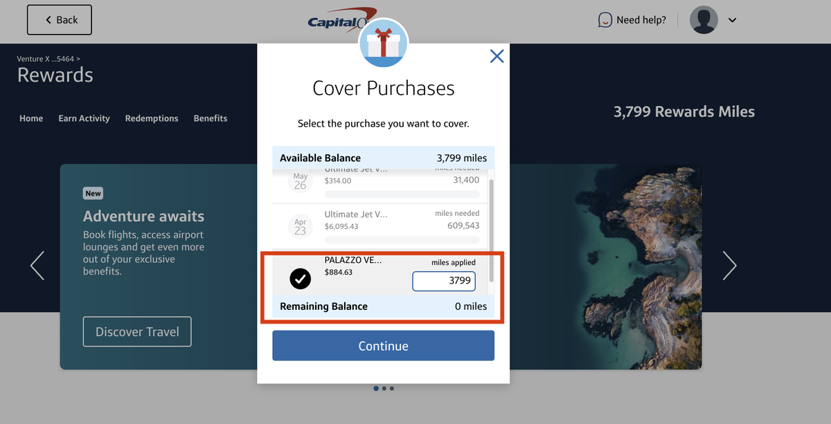 Screenshot of the Cover Purchases pop up on the Capital One website.