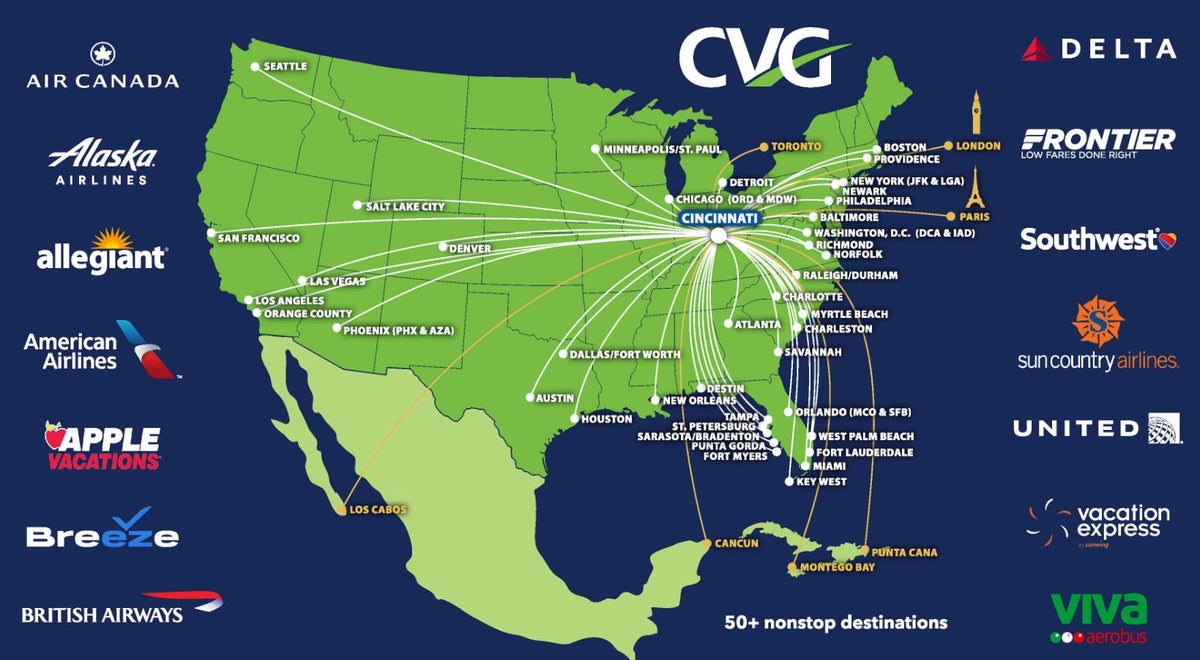 Cincinnati Northern Kentucky International Airport Destination Map