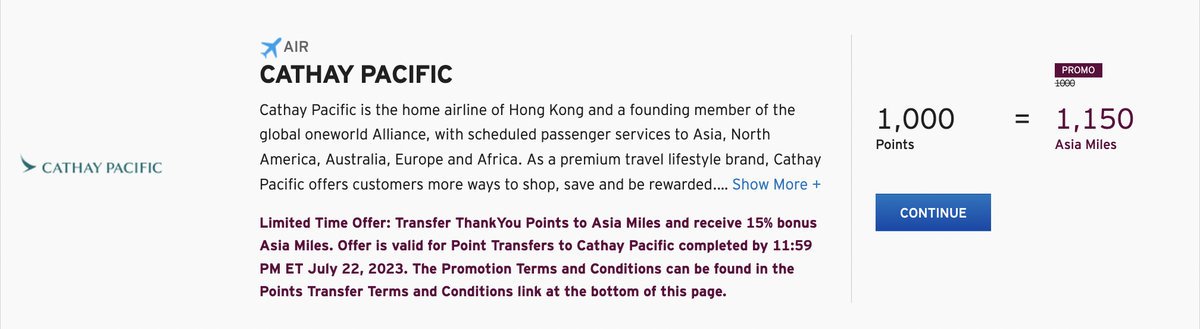 Citi ThankYou transfer bonus to Cathay Pacific Asia Miles