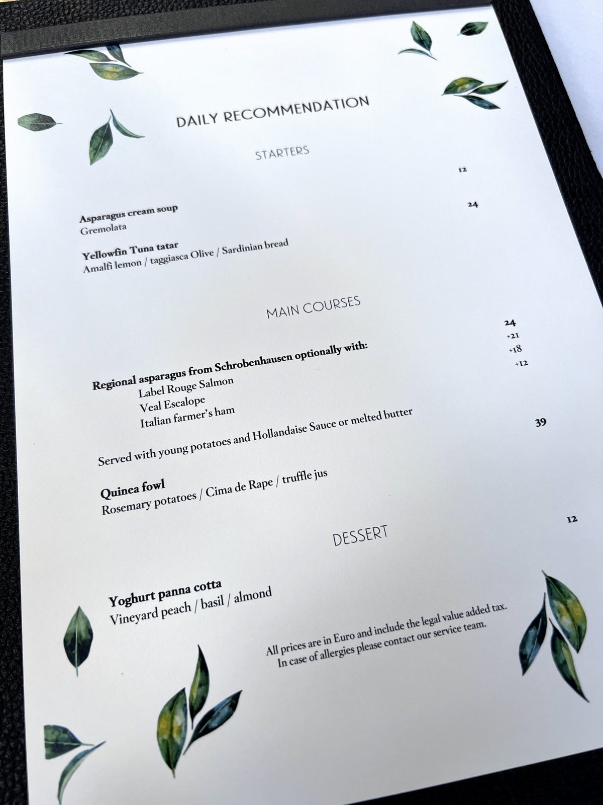 Daily specials at Sophias Restaurant at The Charles Hotel Munich