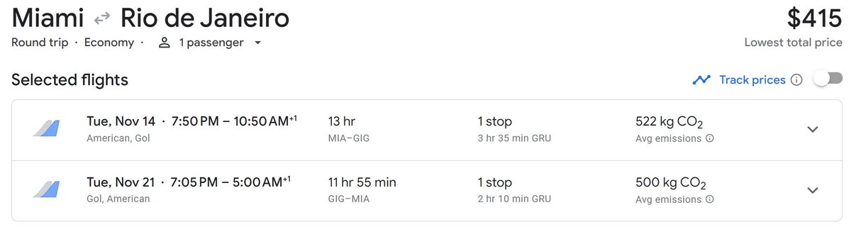 Google Flights Miami to Rio de Janeiro AA Gol