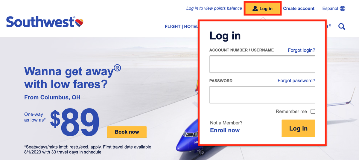 How to log in to Southwest Rapid Rewards account