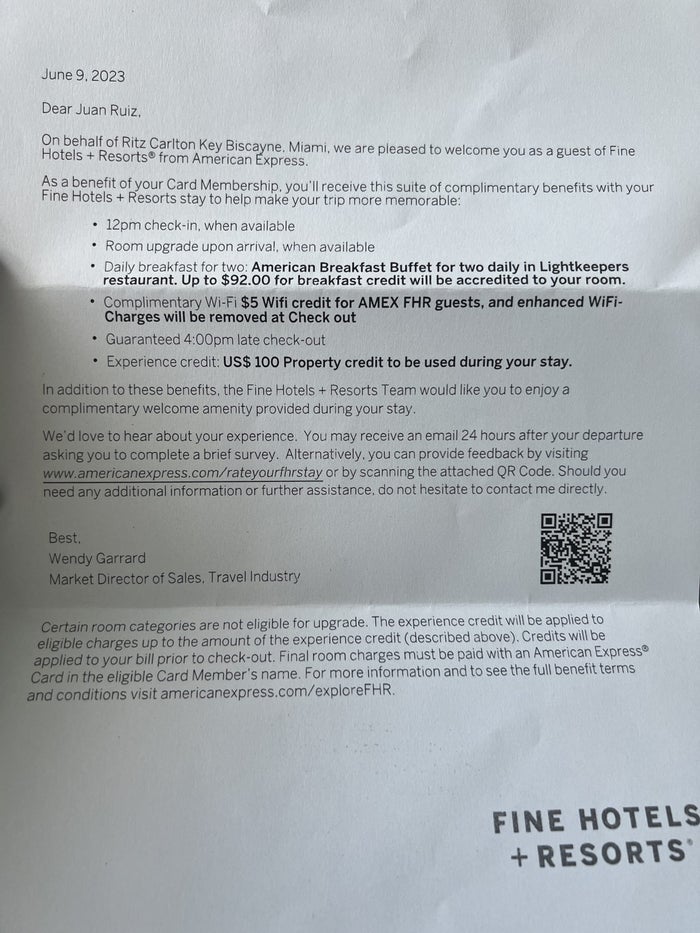 Amex FHR benefits at the Ritz-Carlton Key Biscayne. Amex FHR benefits at the Ritz-Carlton Key Biscayne.