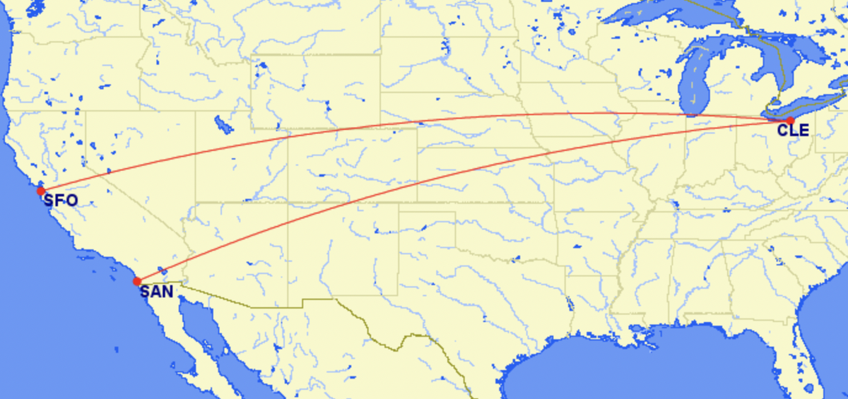 Map of new Frontier routes from Cleveland to the West Coast