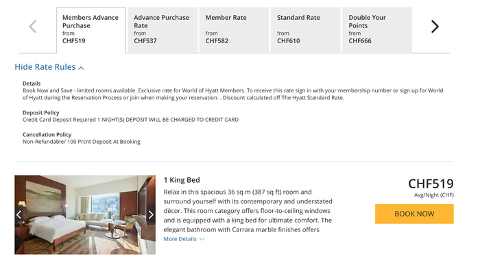 Park Hyatt Zurich cash cost 1 king bed Park Hyatt Zurich cash cost 1 king bed