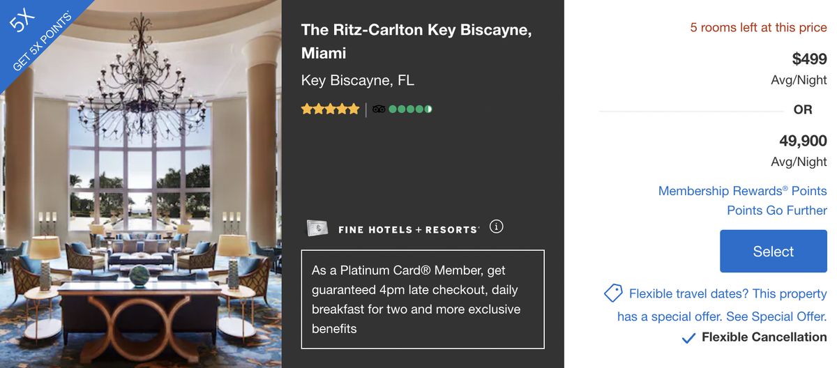 FHR nightly rate for The Ritz-Carlton Key Biscayne.