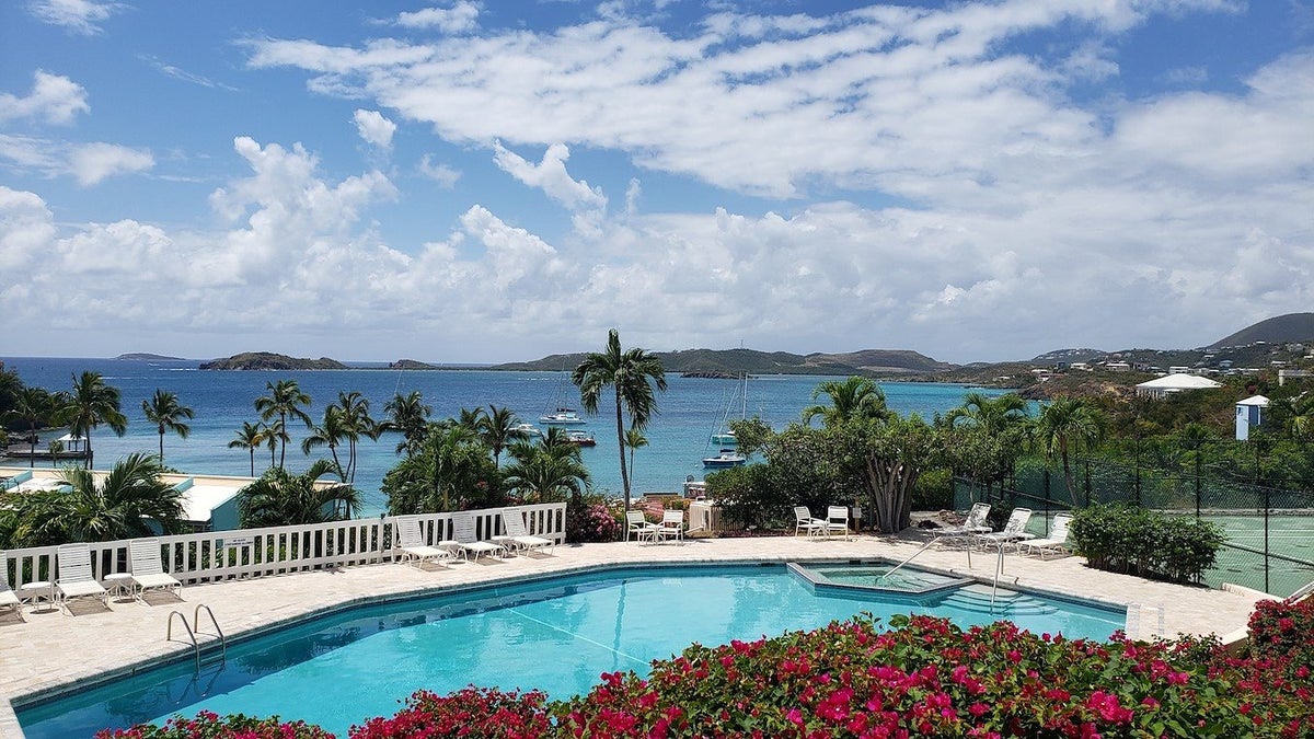 The view from the pool overlooking the bay at Secret Harbour Beach Resort in St. Thomas.