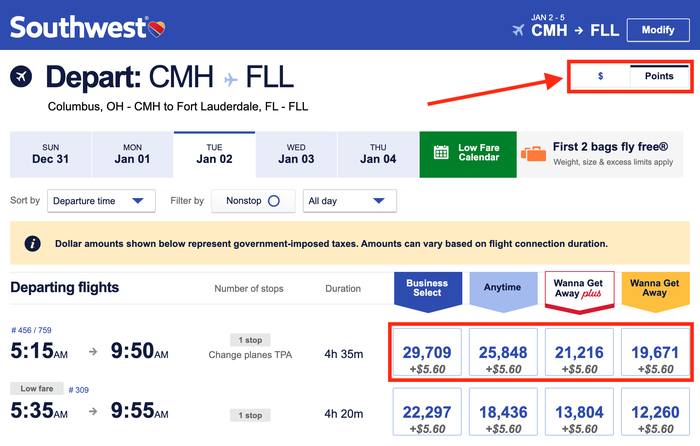 Southwest flight cost in points Southwest flight cost in points