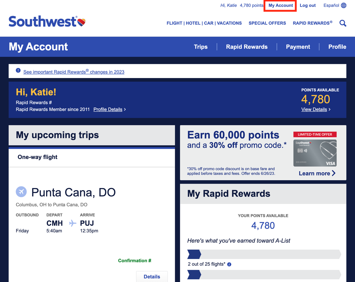 Southwest online account