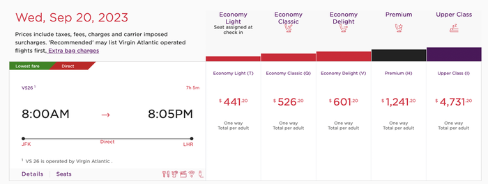 Virgin Atlantic Economy versus Premium Economy Price