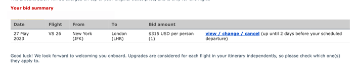 Virgin Atlantic Premium Economy Bid