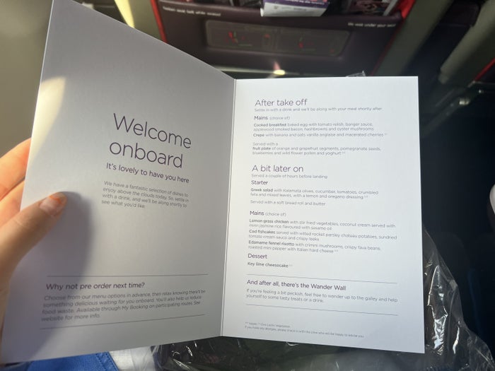 Virgin Atlantic Premium Economy Menu