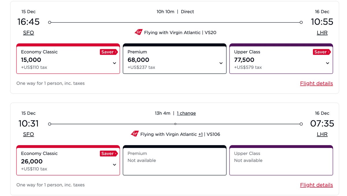 Virgin Atlantic Screenshot Virgin Atlantic SFO LHR awards December 2026