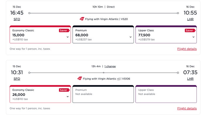 Virgin Atlantic SFO LHR awards December 2026