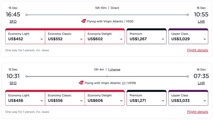 Virgin Atlantic flights SFO LHR december 2026