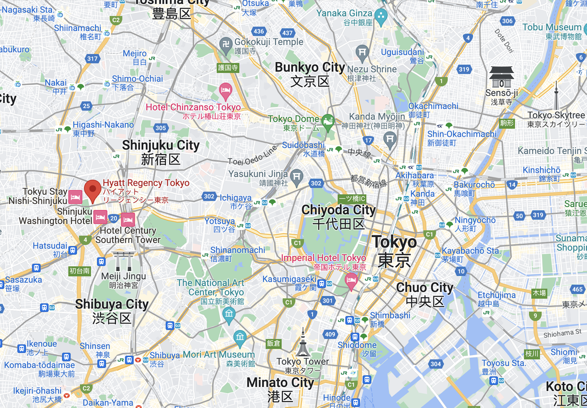 Google Maps location of Hyatt Regency Tokyo