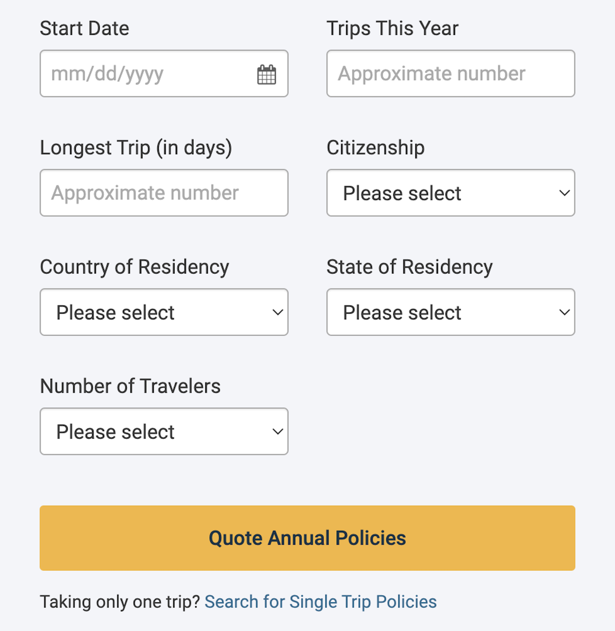 Squaremouth annual travel insurance search page