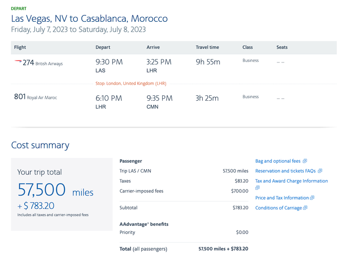 Booking confirmation American Airlines AA award LAS LHR CMN in business class Booking confirmation American Airlines AA award LAS LHR CMN in business class