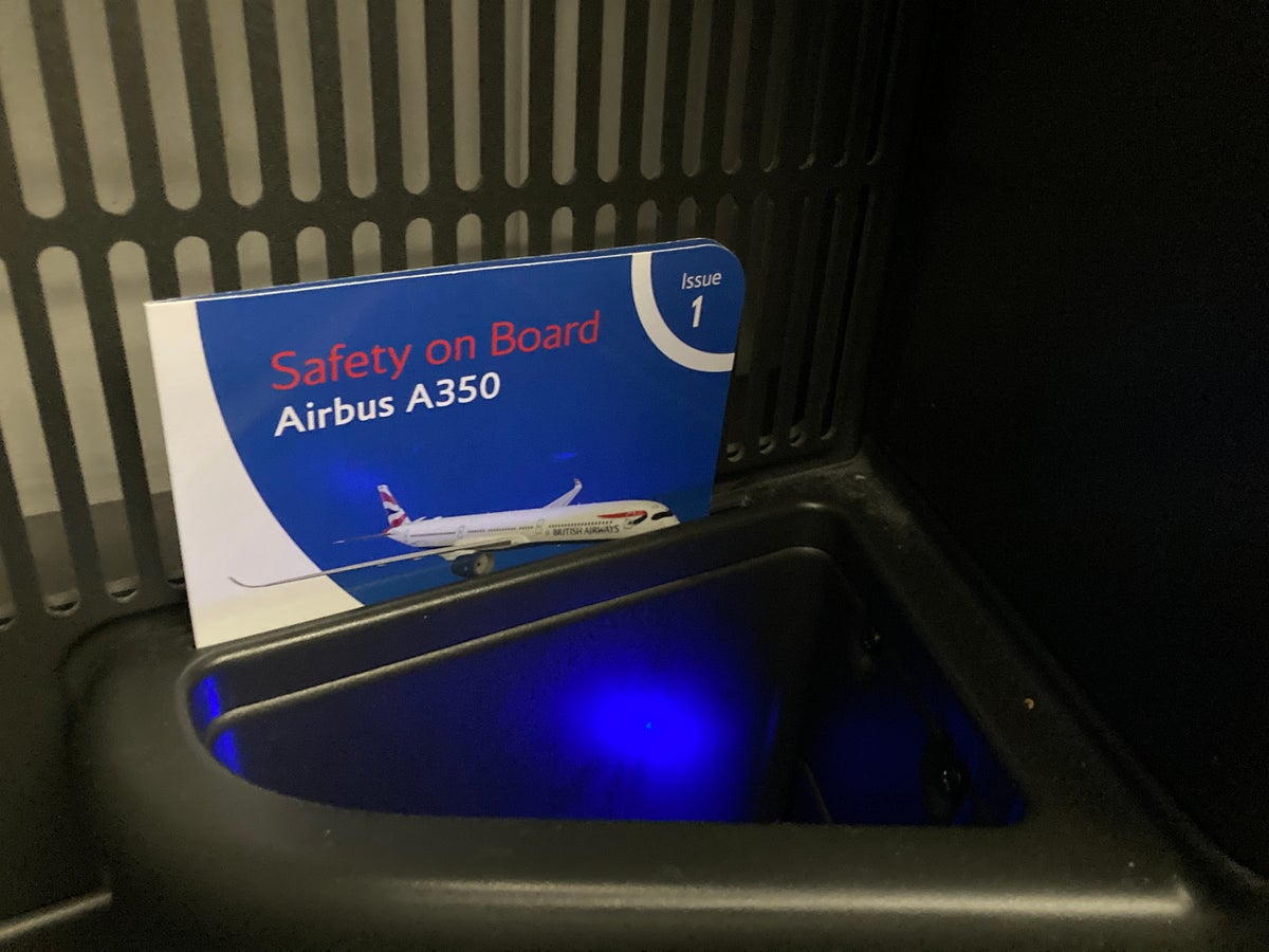 British Airways A350 1000 Club Suites review LAS LHR storage bin and safety card