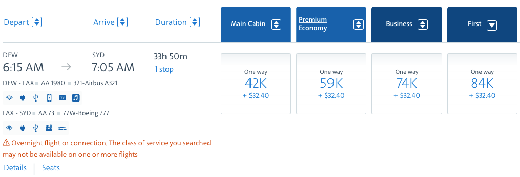 DFW SYD AA first class