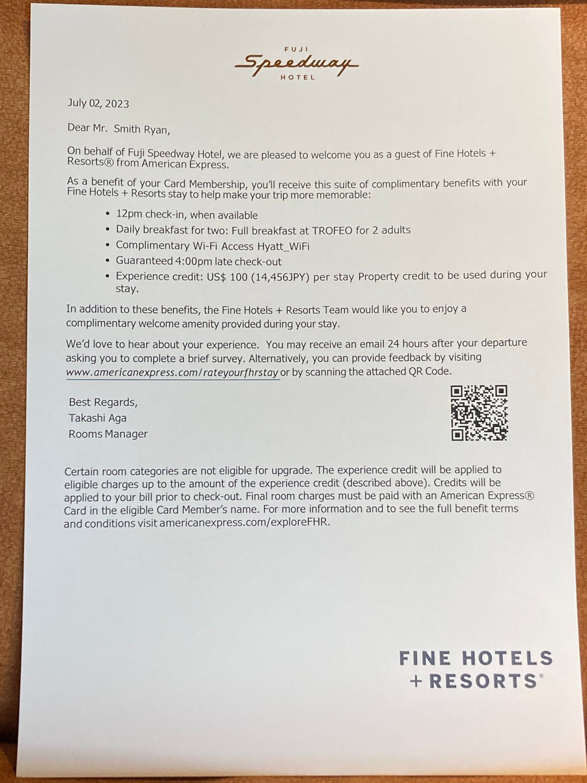 Fuji Speedway Hotel FHR welcome letter
