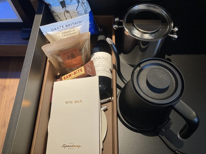 Fuji Speedway Hotel Grand Prix Corner King Suite living room mini bar kettles snacks Fuji Speedway Hotel Grand Prix Corner King Suite living room mini bar kettles snacks
