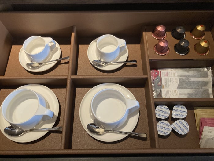 Fuji Speedway Hotel Grand Prix Corner King Suite living room mini bar mugs coffee pods Fuji Speedway Hotel Grand Prix Corner King Suite living room mini bar mugs coffee pods