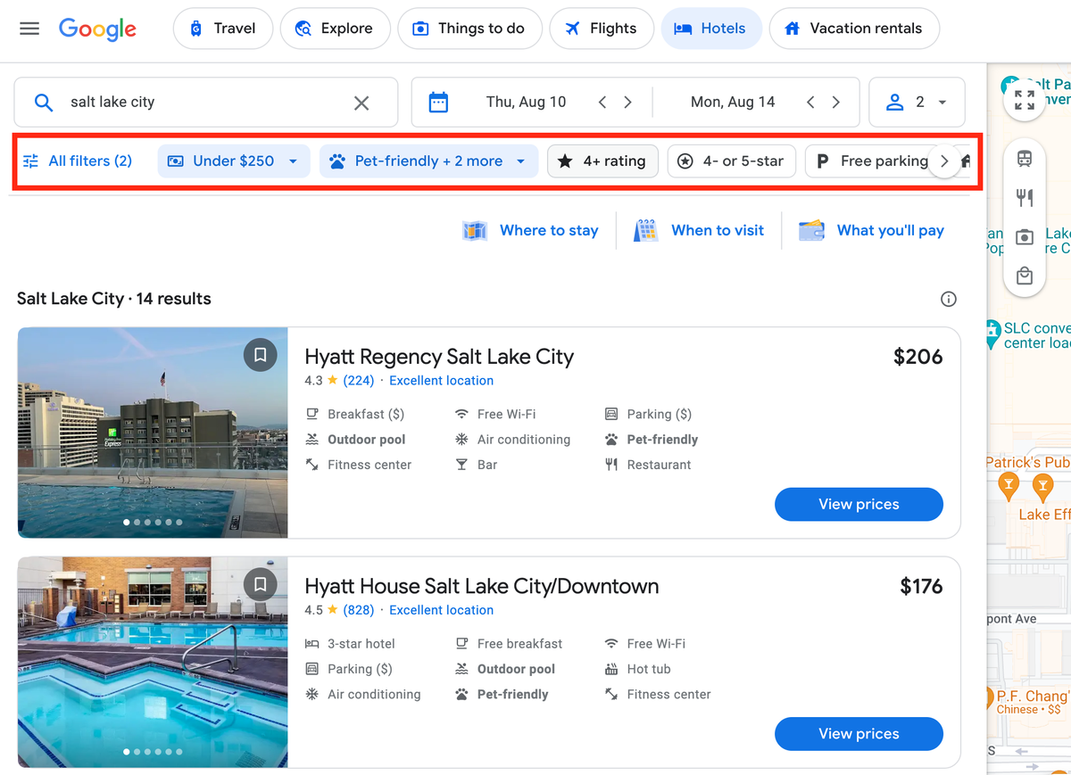 Google Hotel filter options