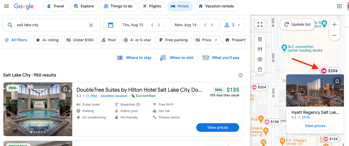 Google Hotels map search feature