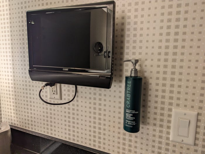Hilton Grand Vacations Elara Las Vegas bathroom TV Hilton Grand Vacations Elara Las Vegas bathroom TV