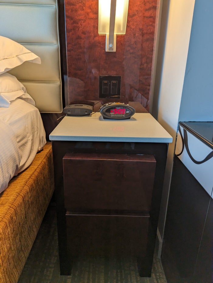 Hilton Grand Vacations Elara Las Vegas bedroom bedside table Hilton Grand Vacations Elara Las Vegas bedroom bedside table