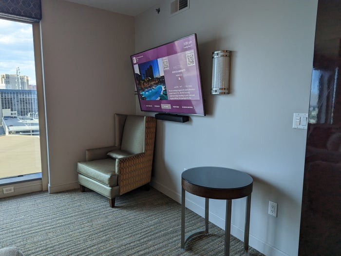 Hilton Grand Vacations Elara Las Vegas living room tv and sitting area Hilton Grand Vacations Elara Las Vegas living room tv and sitting area