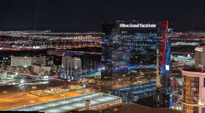Hilton Grand Vacations Elara Las Vegas view from Paris hotel and casino Eiffel Tower Hilton Grand Vacations Elara Las Vegas view from Paris hotel and casino Eiffel Tower