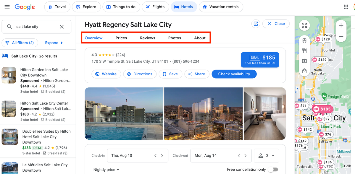 Hotel detail on Google Hotels