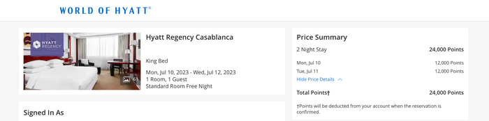 Hyatt Regency Casablanca booking confirmation 24000 points for 2 nights