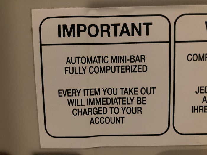 Hyatt Regency Casablanca junior suite minibar warning