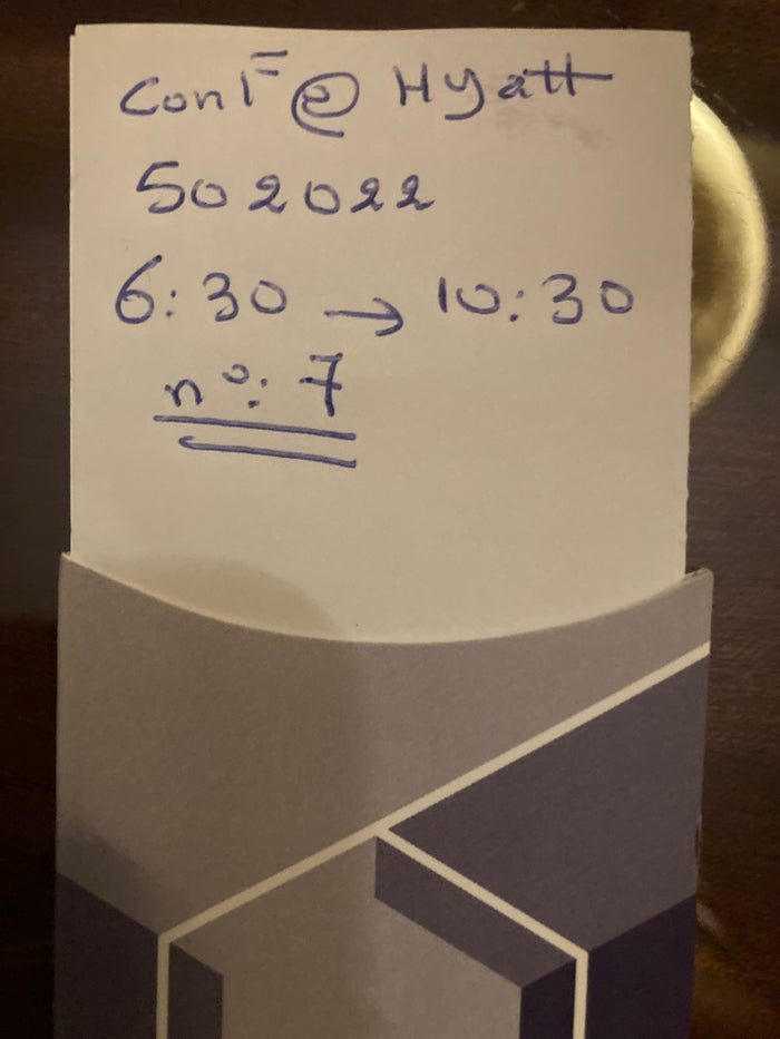 Hyatt Regency Casablanca written note at check in