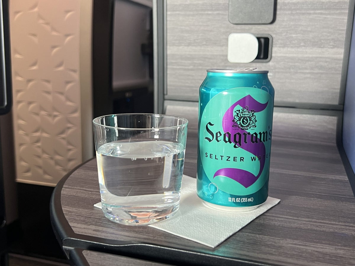 JetBlue Mint Studio Airbus A321LR F and B Seagrams selzer water