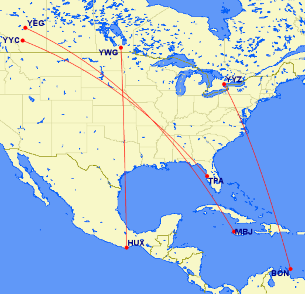 Map of new WestJet winter routes